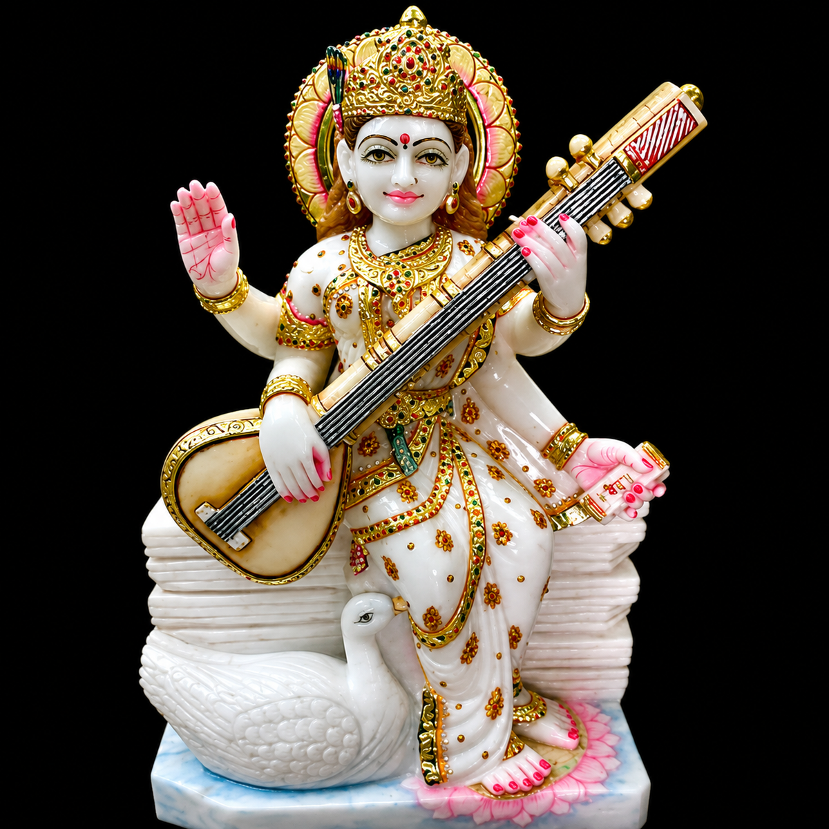Veena Vani Maa Saraswati Marble Murti - 9 Inch