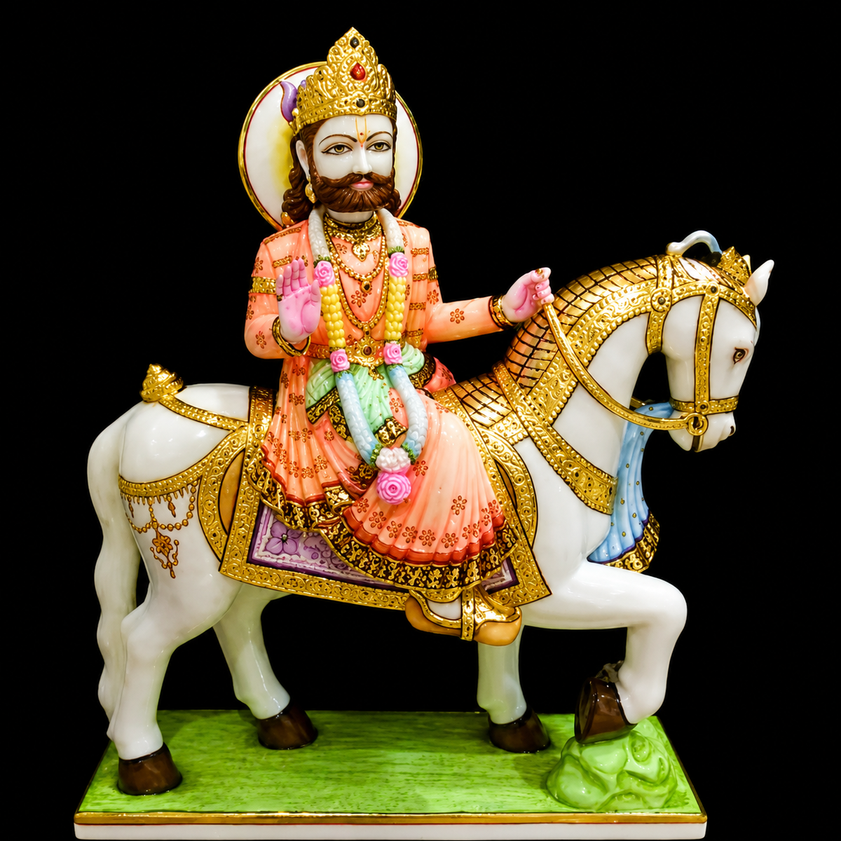 Baba Ramdev Ji Horse Rider Marble Murti - 9 Inch