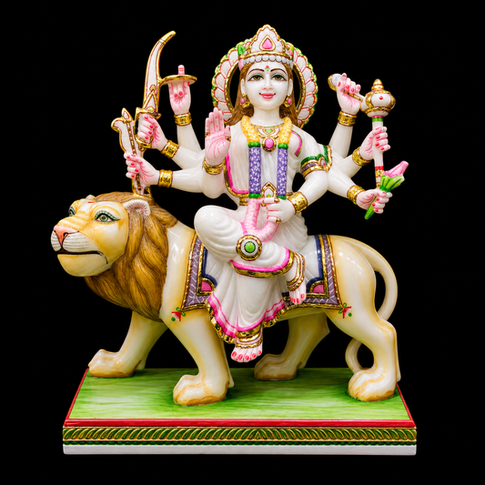 Maa Durga with Lion Marble Murti - 9 Inch