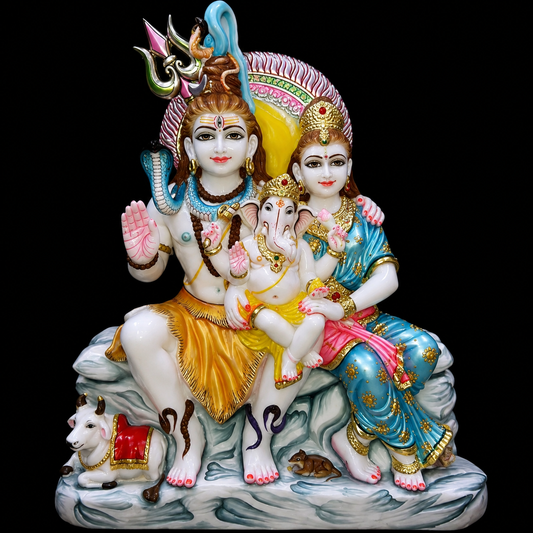 Shiv Parvati Ganesh Marble Murti - 9 Inch