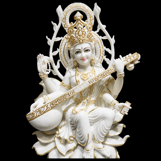 Vagdevi Maa Saraswati Marble Murti - 9 Inch