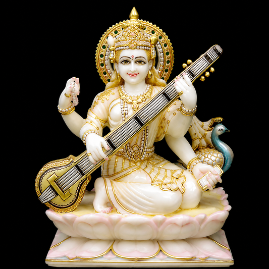 Veenapani Maa Saraswati Marble Murti - 9 Inch