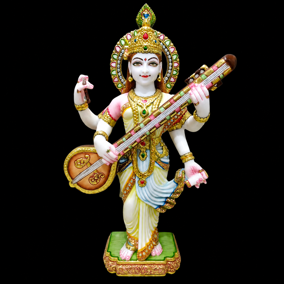 White Marble Saraswati Veena Murti - 9 Inch