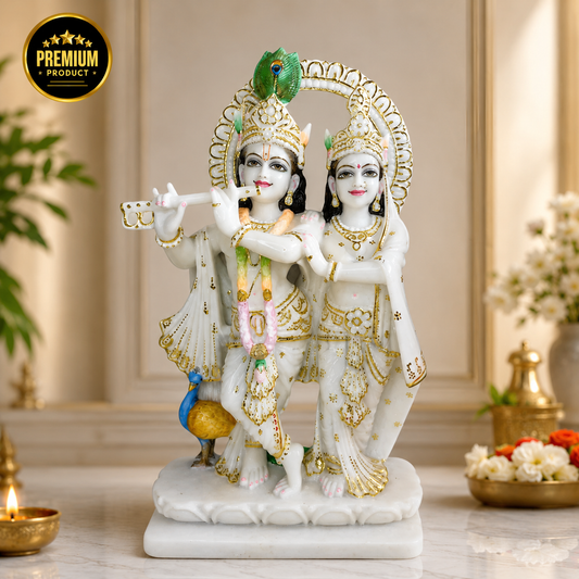 Marble Krishna Radha Statue – Handmade Makrana Marble Idol